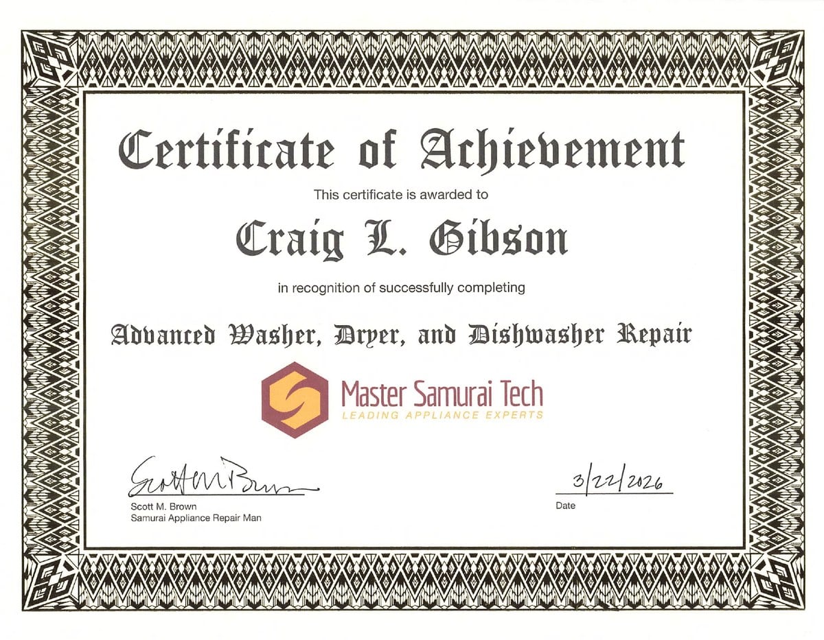 Certificate of achievement in advanced washer, dryer and dishwasher repair awarded to Craig L. Gibson